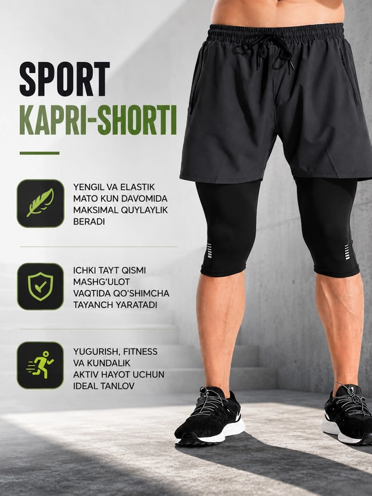 Erkaklar uchun sport kapri-shortik,fitness va yugurish uchun elastik shorti, tez quruvchi