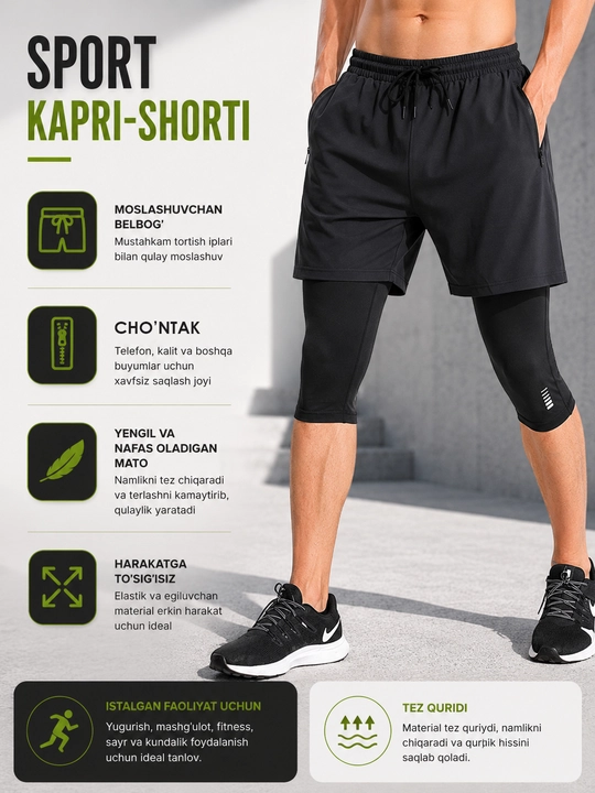 Erkaklar uchun sport kapri-shortik,fitness va yugurish uchun elastik shorti, tez quruvchi