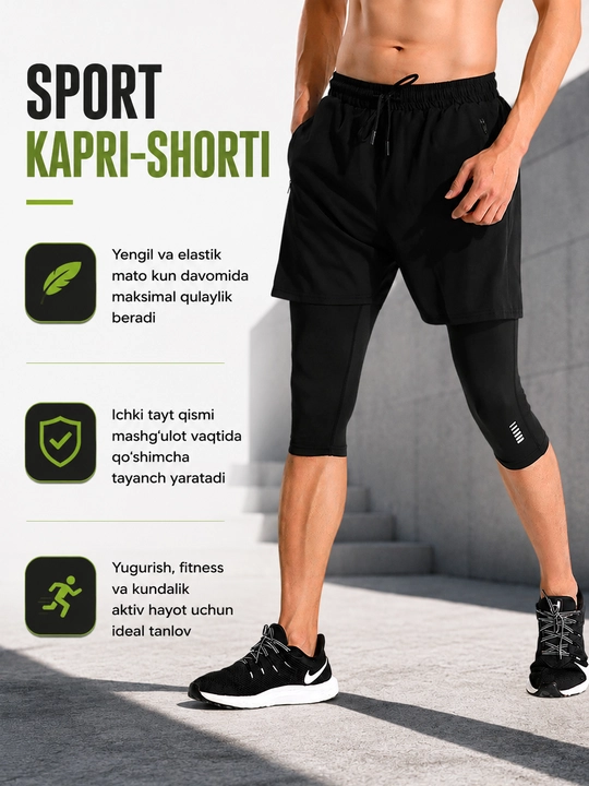 Erkaklar uchun sport kapri-shortik,fitness va yugurish uchun elastik shorti, tez quruvchi