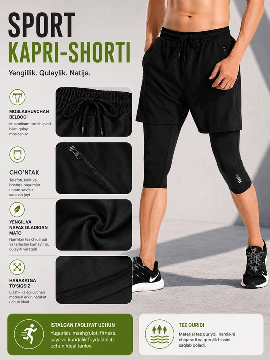 Erkaklar uchun sport kapri-shortik,fitness va yugurish uchun elastik shorti, tez quruvchi