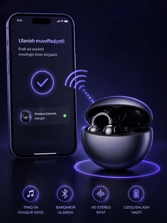 Simsiz Bluetooth naushniklar, yuqori sifatli ovoz, qulay va zamonaviy dizayn