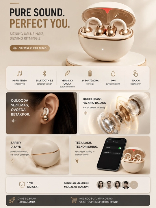 Simsiz Bluetooth naushniklar, yuqori sifatli ovoz, qulay va zamonaviy dizayn