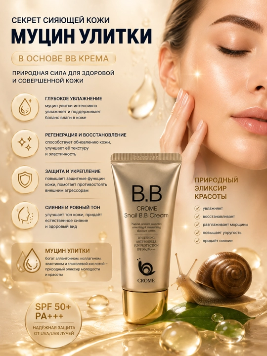Тональный BB-крем для лица Snail BB Cream, с муцином улитки, увлажняющий и выравнивающий тон