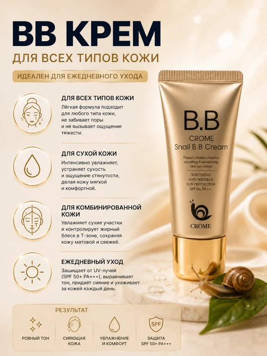 Тональный BB-крем для лица Snail BB Cream, с муцином улитки, увлажняющий и выравнивающий тон