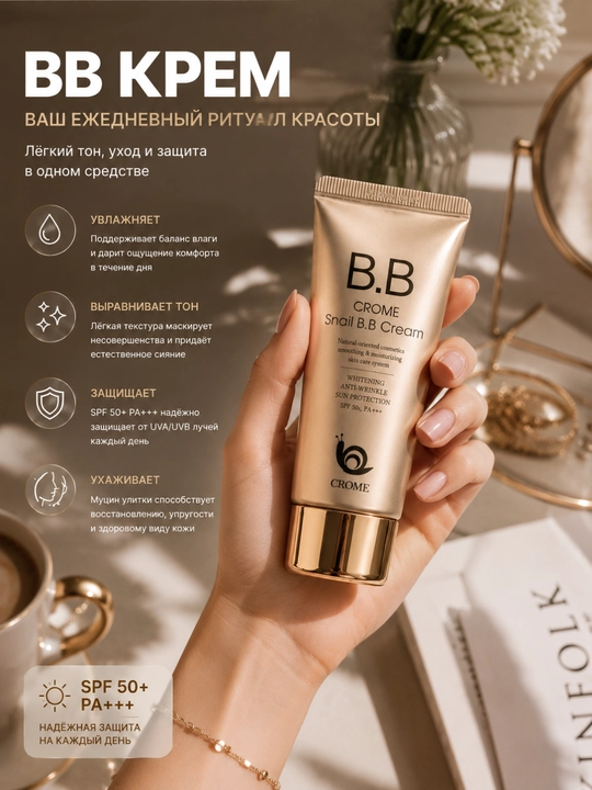 Тональный BB-крем для лица Snail BB Cream, с муцином улитки, увлажняющий и выравнивающий тон