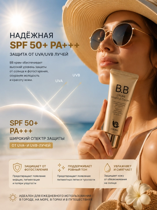 Тональный BB-крем для лица Snail BB Cream, с муцином улитки, увлажняющий и выравнивающий тон