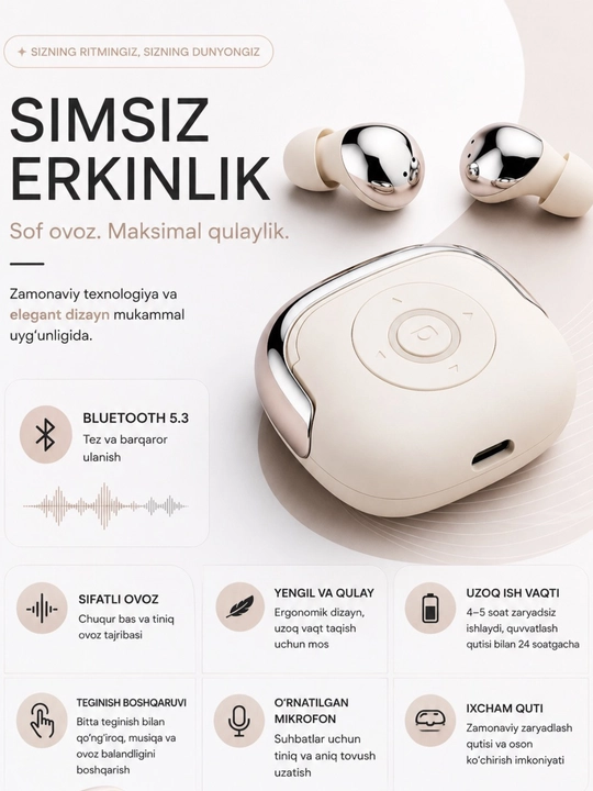 Simsiz Bluetooth naushniklar, yuqori sifatli ovoz, qulay va zamonaviy dizayn - 