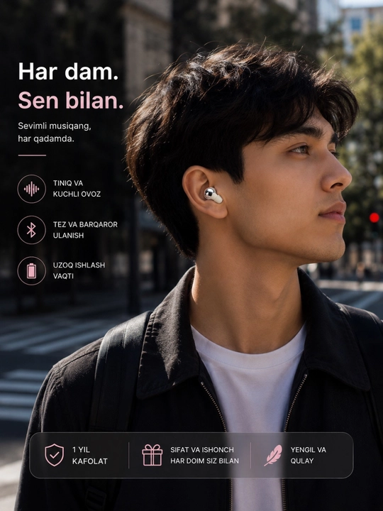 Simsiz Bluetooth naushniklar, yuqori sifatli ovoz, qulay va zamonaviy dizayn