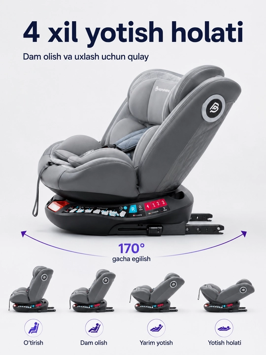Автокресло детское 0-12 лет 360° ISOFIX LATCH до 50 кг 4 положения