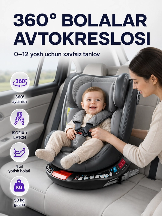 Автокресло детское 0-12 лет 360° ISOFIX LATCH до 50 кг 4 положения - 