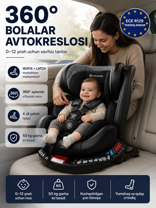 Автокресло детское 0-12 лет 360° ISOFIX LATCH до 50 кг 4 положения - 