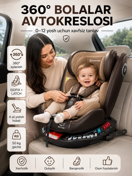 Автокресло детское 0-12 лет 360° ISOFIX LATCH до 50 кг 4 положения
