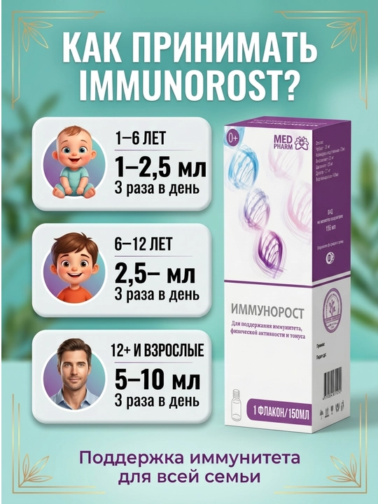 Immunitet uchun o‘simlik siropi 150 ml, Immunorost. Bolalar va kattalar