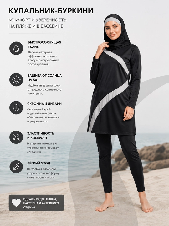 Ayollar uchun cho'milish kiyimi, yopiq, muslimalar uchun, burkini