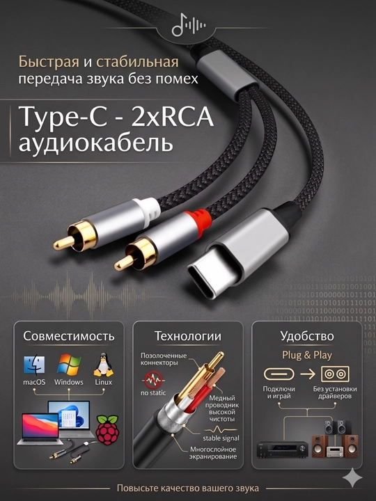 Кабель Type-C на 2 RCA тюльпаны 1 метр, аудио шнур для колонок усилителя адаптер переходник - 