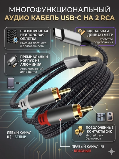 Кабель Type-C на 2 RCA тюльпаны 1 метр, аудио шнур для колонок усилителя адаптер переходник