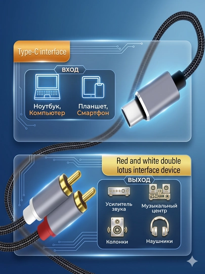 Кабель Type-C на 2 RCA тюльпаны 1 метр, аудио шнур для колонок усилителя адаптер переходник