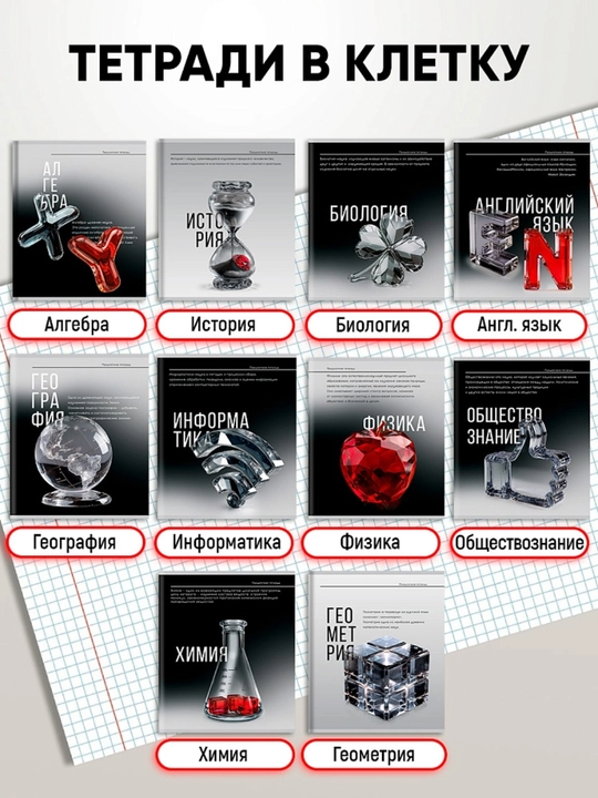 A5 formatda fan daftarlar to‘plami, 48 bet, katak va chiziqli, 10-12 dona, qo‘llanma bilan