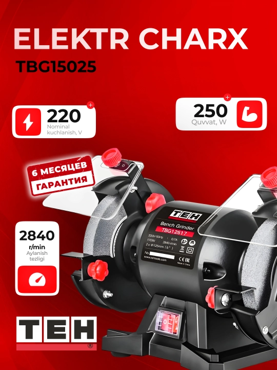 Stolga qo‘yiladigan elektr qayroq TEH TBG15025, 250 Vt, 2840 ayl/min, 150 mm
