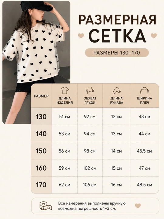 Футболка оверсайз для девочки с сердечками, молочная