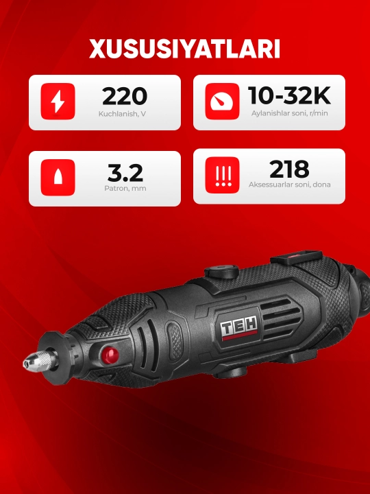 Гравер электрический TEH TG14218, многофункциональный, 135Вт, 31000об/мин, 218 насадок