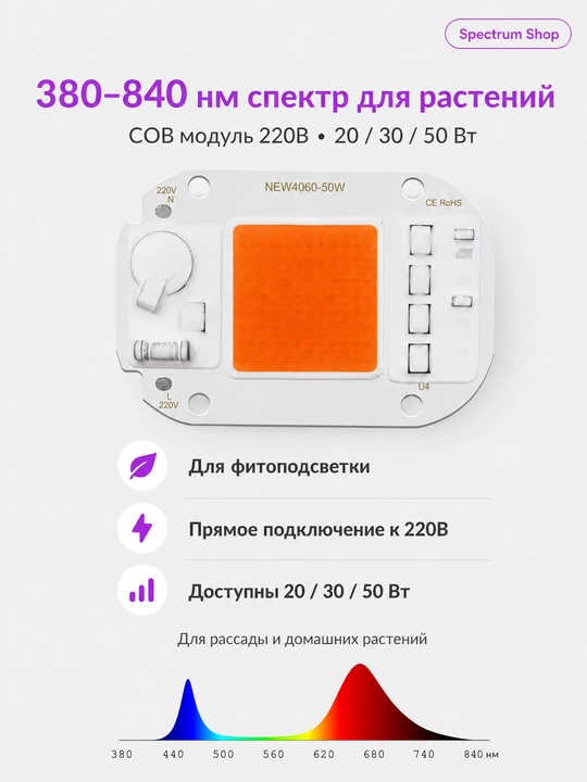 COB LED модуль 220В 20/30/50Вт белый и Grow/warm/cold/red