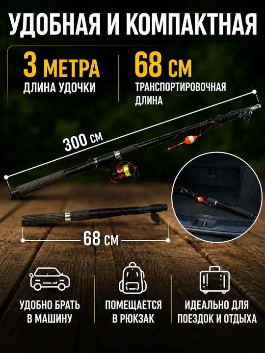 Удочка телескопическая с катушкой готовый набор для рыбалки - 