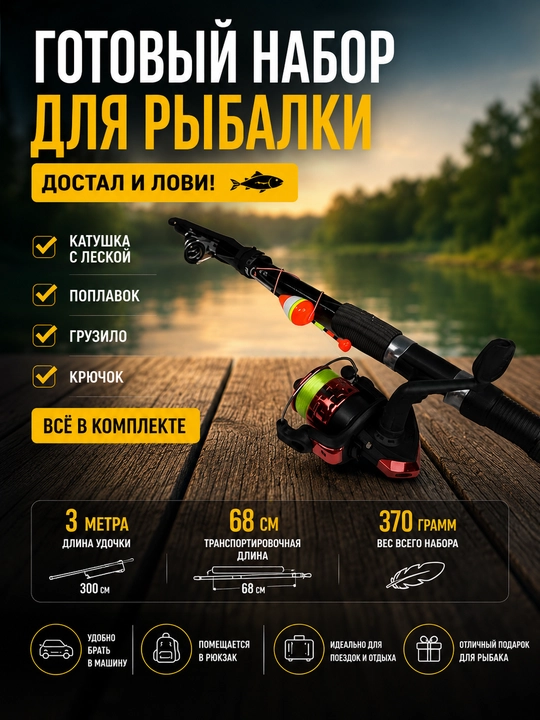 Удочка телескопическая с катушкой готовый набор для рыбалки