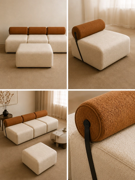 Japandi uslubidagi premium bukle modulli divan va puf