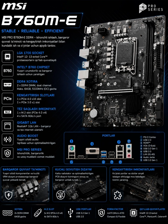 MSI PRO B760M-E ona platasi — DDR4, LGA1700, Intel 12/13/14 avlod - 
