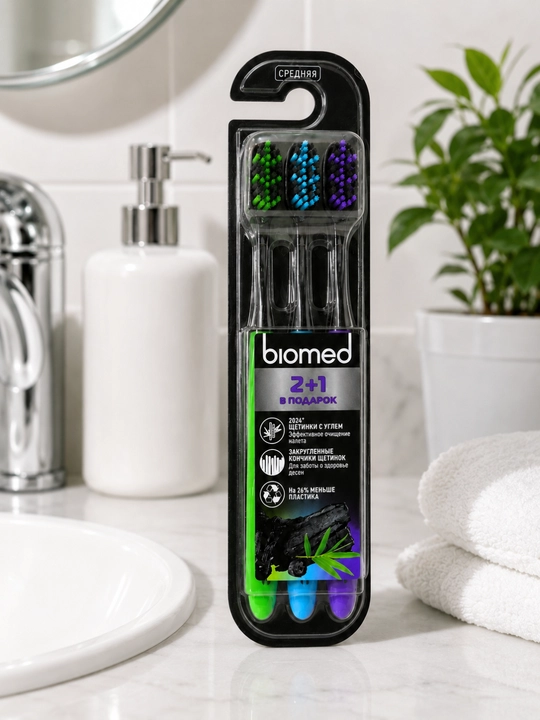 Набор зубных щеток Biomed с угольными щетинками, средняя жесткость, 2+1 шт