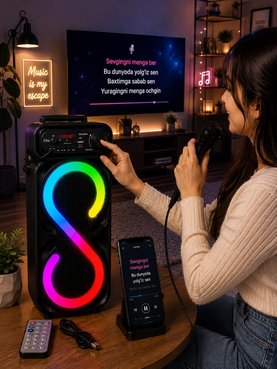 , караоке, с RGB подсветкой, с микрофоном и пультом