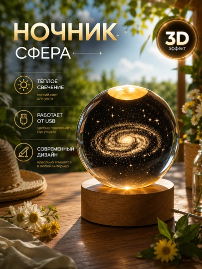 Хрустальный шар-ночник 3D, RGB с лазерной гравировкой светильник, для подарка, 6 см, 8 см — PONCHIK-SHARIK-КОНФЕТН-8SM