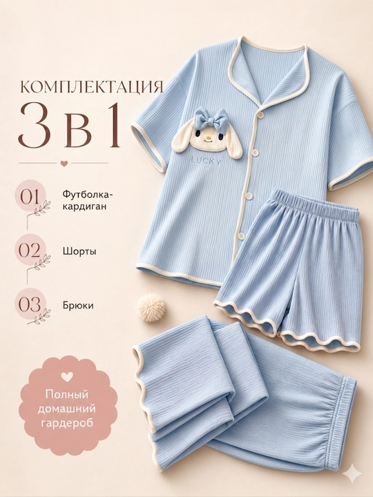 Ayollar pijamasi komplekt 3 tasi 1, ko‘ylak, shortik va shim, 4 rang, M-XL