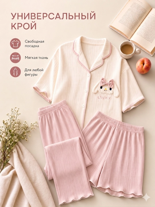 Ayollar pijamasi komplekt 3 tasi 1, ko‘ylak, shortik va shim, 4 rang, M-XL