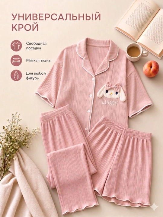 Ayollar pijamasi komplekt 3 tasi 1, ko‘ylak, shortik va shim, 4 rang, M-XL