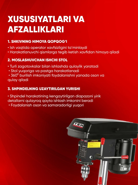 Stol usti professional burg'ulash dastgohi TEH TDP1341 3140 ayl/min, patron 1.5-13 mm