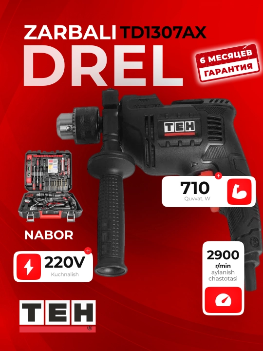 TEH TD1307AX zarba drel, 710 Vt, 2800 ayl/daq, daqiqasiga 41600 zarba