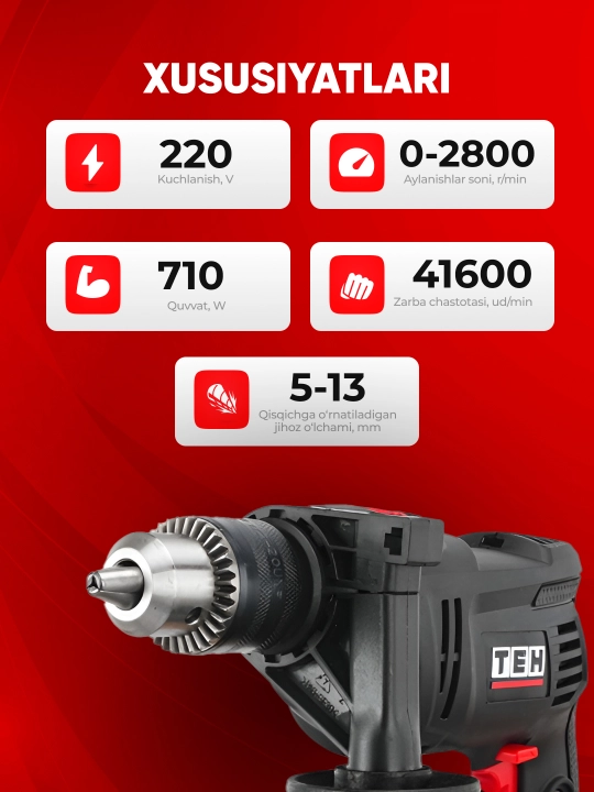 TEH TD1307AX zarba drel, 710 Vt, 2800 ayl/daq, daqiqasiga 41600 zarba