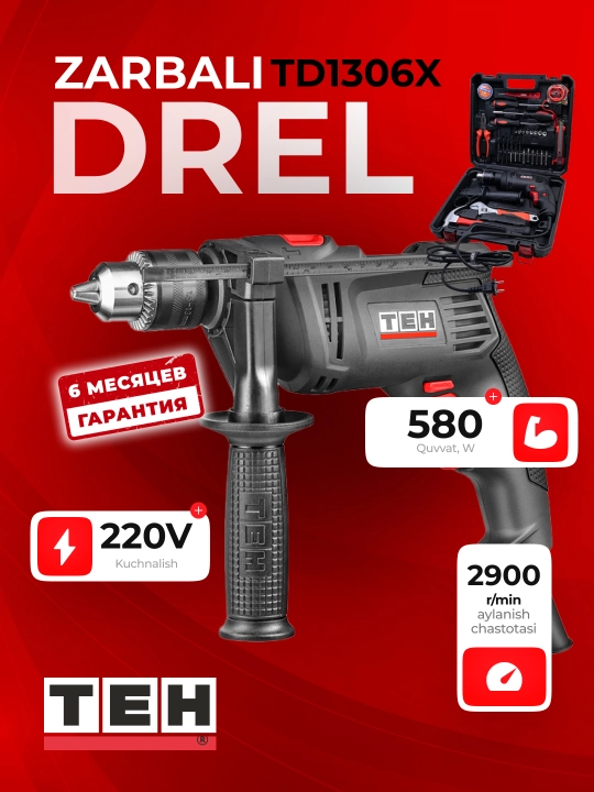 Zarbli drel TEH TD1306X, 580 Vt, 2900 ob/min, 46400 ud/min, patron 5-13 mm