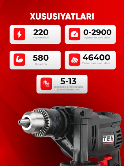 Zarbali drel TEH TD1306, 580 Vt, 2900 ob/min, 46400 ayl/daq