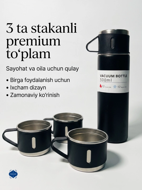 Termos-termos krujkasi, 3 stakandan iborat sovg'a to'plami, 500 ml
