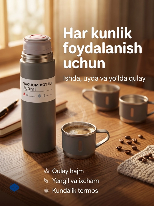 Termos-termos krujkasi, 3 stakandan iborat sovg'a to'plami, 500 ml