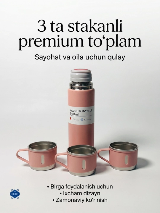 Termos-termos krujkasi, 3 stakandan iborat sovg'a to'plami, 500 ml