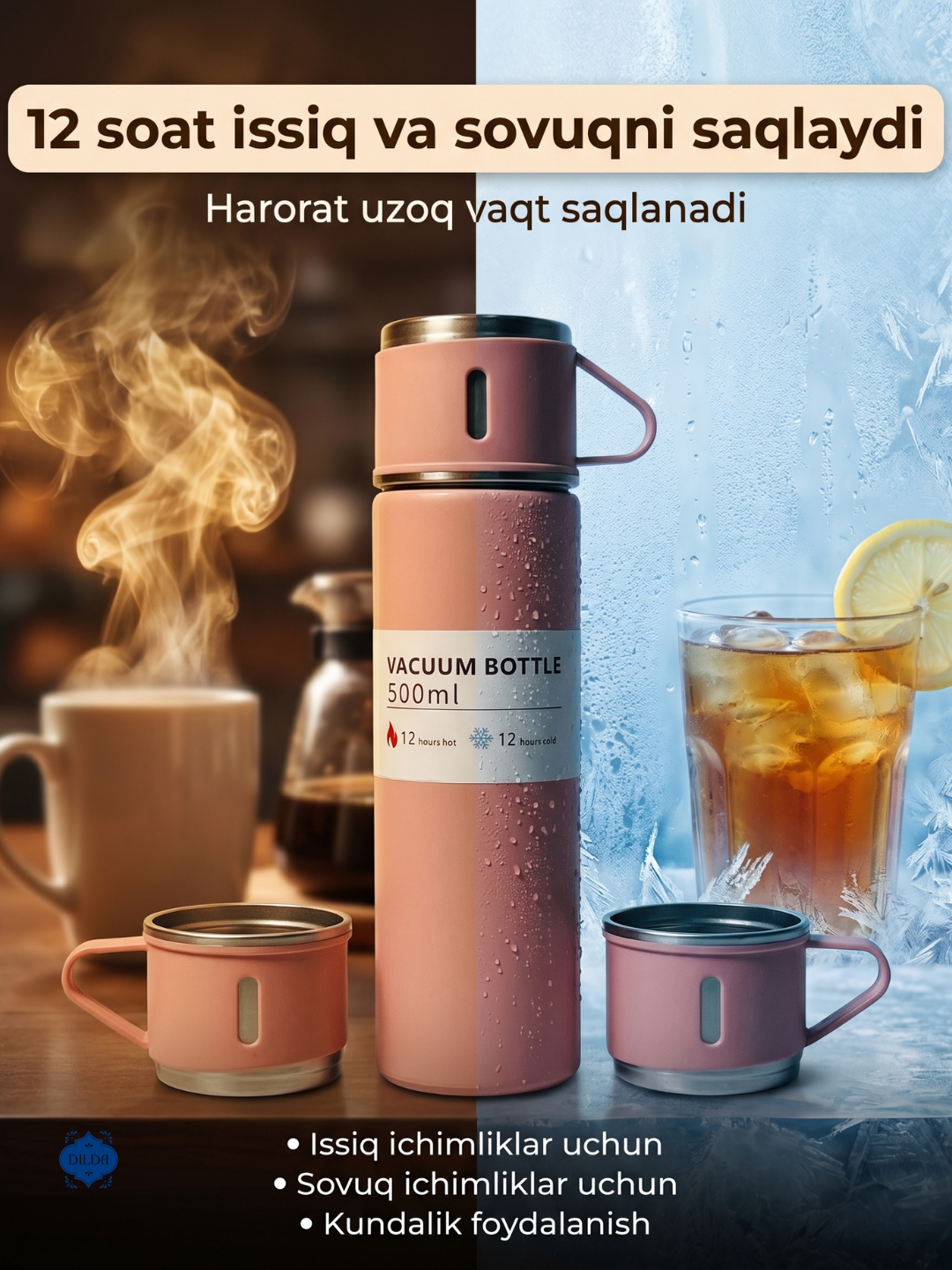 Termos-termos krujkasi, 3 stakandan iborat sovg'a to'plami, 500 ml