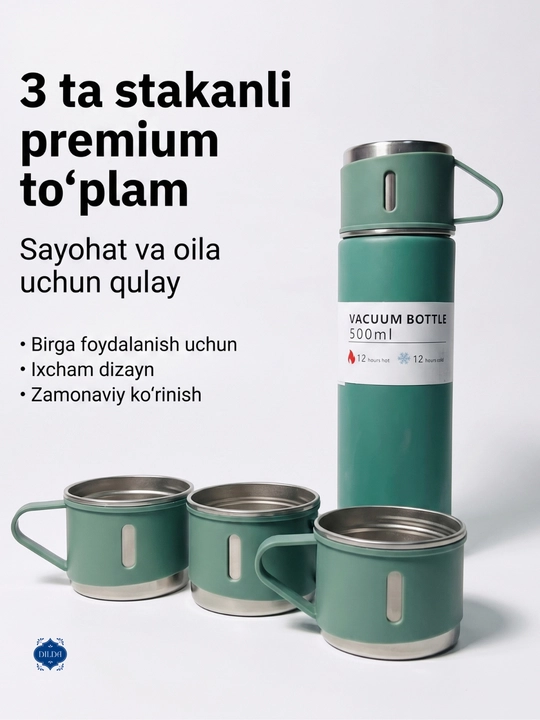 Termos-termos krujkasi, 3 stakandan iborat sovg'a to'plami, 500 ml