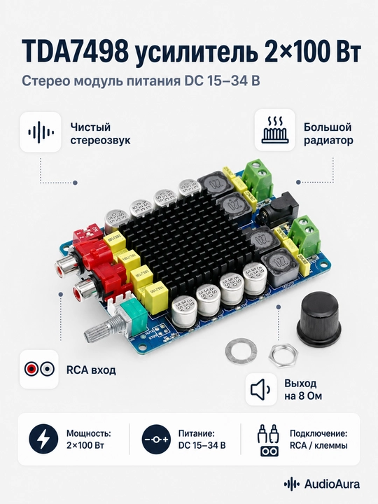 TDA7498 2×100 Vt kuchli stereo kuchaytirgich moduli, DC 15–34V, 8 Ohm uchun - 