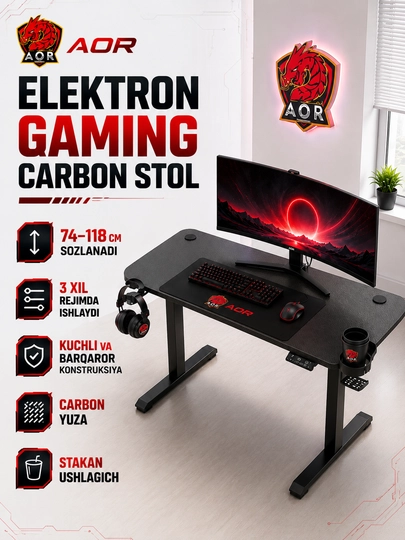 Игровой стол AOR Elektron Gaming Carbon, 120–140 см, современный игровой стол — DEVICEN-ELEKTRONSTOL-ЧЕРН-140