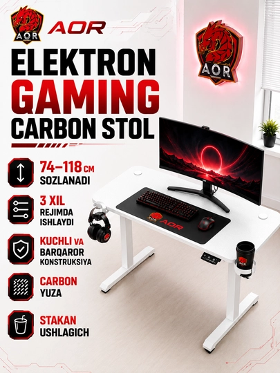 Игровой стол AOR Elektron Gaming Carbon, 120–140 см, современный игровой стол — DEVICEN-ELEKTRONSTOL-БЕЛЫЙ-140