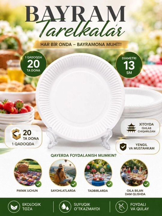 Bayram va maxsus tadbir uchun mo‘ljallangan, nafis dizaynga ega bir martalik likopcha, 20 ta